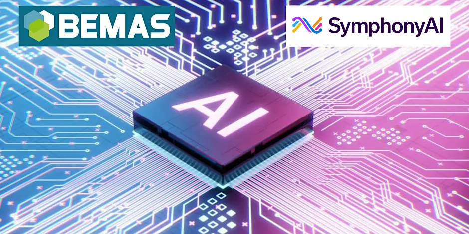 A glowing AI microchip on a circuit board with digital lines extending outward, featuring BEMAS and SymphonyAI logos in the corners.