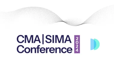 Logo for CMA|SIMA Conference 2024 with stylized black dotted wave above and two overlapping turquoise and blue semicircles to the right.
