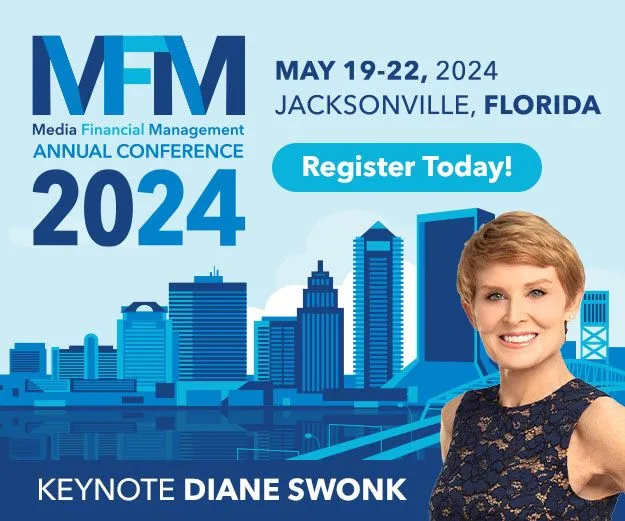 Media Financial Management Annual Conference 2024 logo with event details: May 19-22, 2024, in Jacksonville, Florida, and a Register Today button. Keynote speaker Diane Swonk is pictured smiling in front of a stylized Jacksonville skyline in blue tones.
