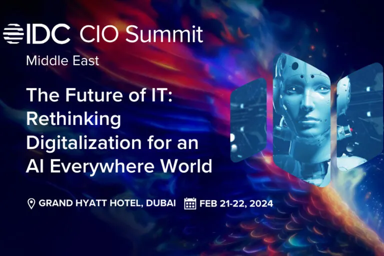 IDC CIO Summit Middle East event banner with futuristic background, featuring a robotic AI face and text about rethinking digitalization for an AI everywhere world, taking place at Grand Hyatt Hotel Dubai on February 21-22, 2024.