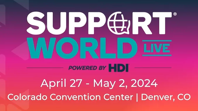 SupportWorld Live event logo with dates April 27 to May 2, 2024, taking place at Colorado Convention Center in Denver, CO, powered by HDI.