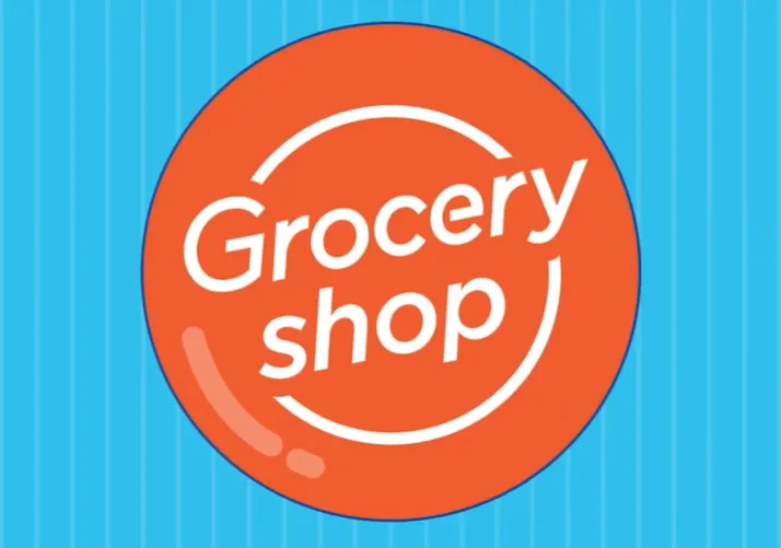Orange circle with white text 'Grocery shop' with curved lines around the text on a blue background with vertical stripes.