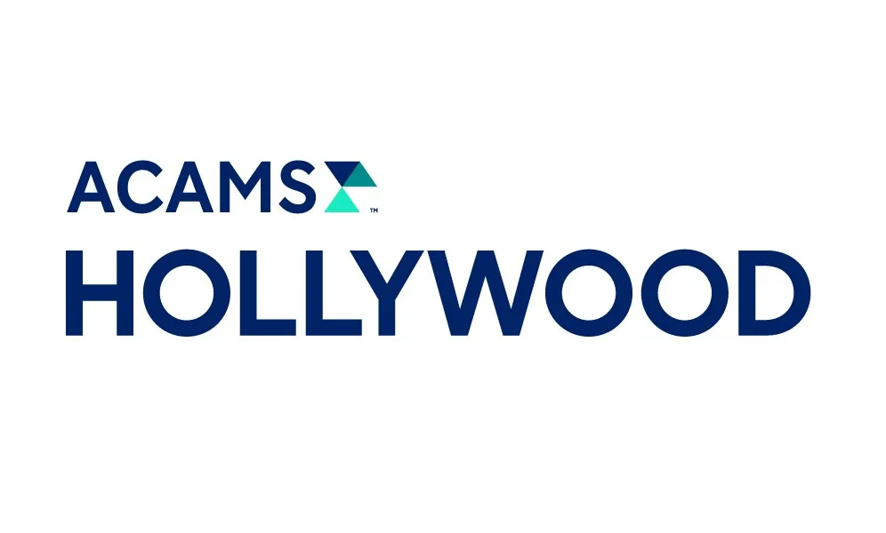 ACAMS Hollywood logo with ACAMS in uppercase letters and a small blue and teal triangular design, followed by HOLLYWOOD in large uppercase letters.
