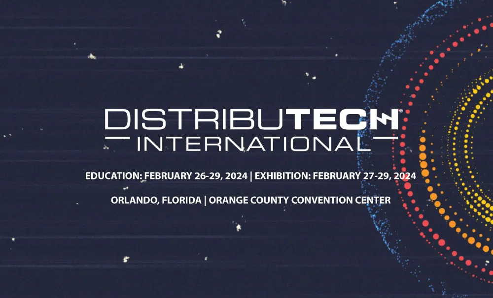 Distributech International event details with education dates February 26-29, 2024, exhibition February 27-29, 2024, held in Orlando, Florida at the Orange County Convention Center, displayed on a dark background with colorful circular dotted design on the right.