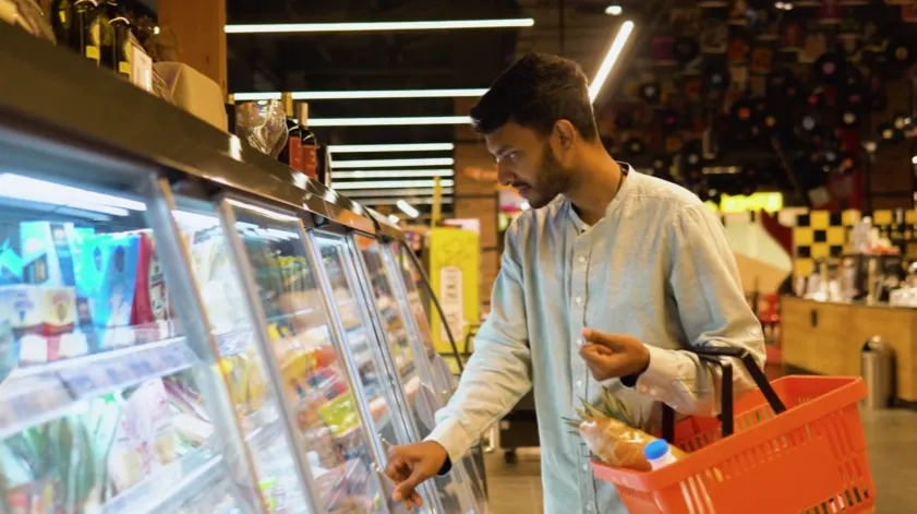 Man in a grocery store selecting items from a refrigerated shelf while holding a red shopping basket containing a baguette and a milk carton.