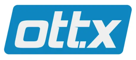 OTT X logo with white lowercase letters 'ott' and uppercase letter 'X' inside a blue rounded rectangle background.