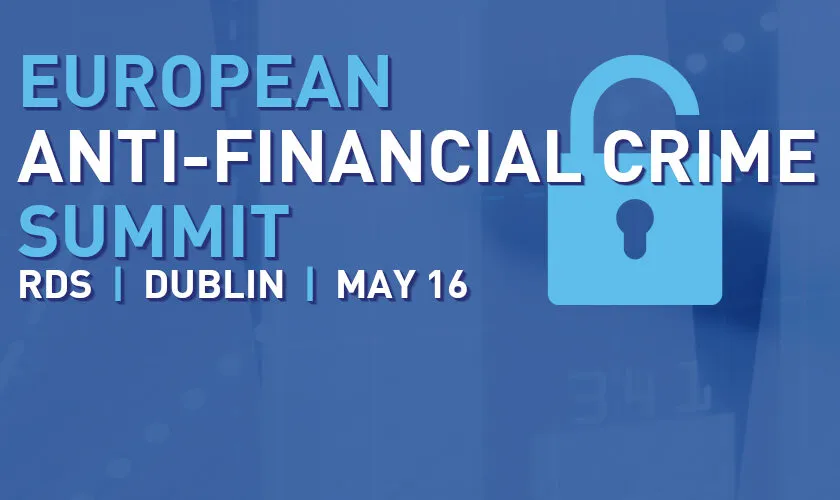 Text reading European Anti-Financial Crime Summit RDS Dublin May 16 on a blue background with a blue unlocked padlock icon to the right.