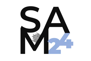 Logo displaying the text 'sam' in lowercase black letters with a large light blue number 24 overlapping the right side.