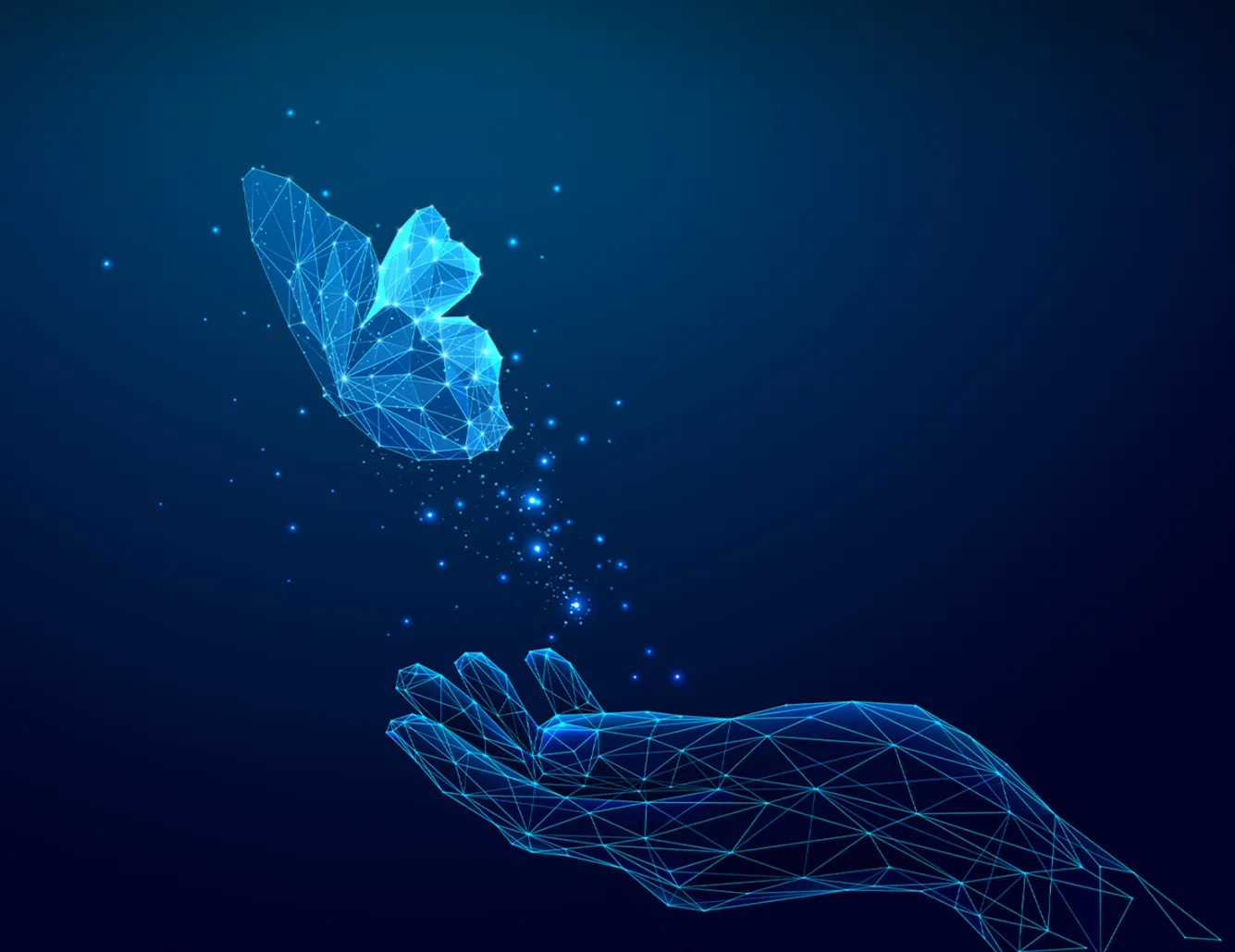 Digital illustration of a polygonal hand releasing a glowing, polygonal butterfly with sparkling particles on a dark blue background.