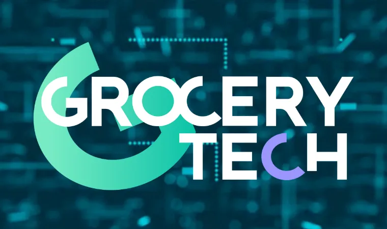 Logo with the text 'Grocery Tech' featuring stylized letters G and O in green and C in purple on a blue digital background.