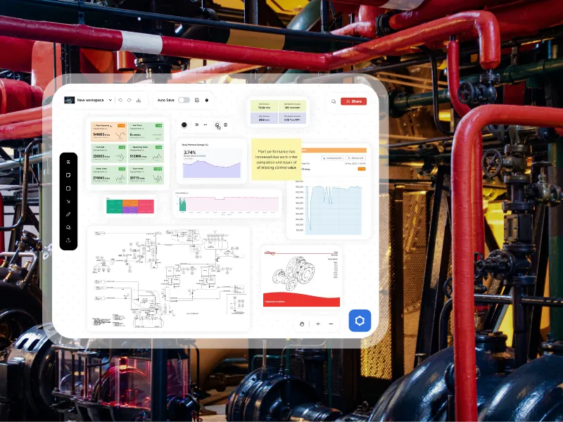 An industrial control room scene with a translucent digital dashboard overlay showing various analytics, charts, and engineering diagrams related to plant performance and equipment condition monitoring.