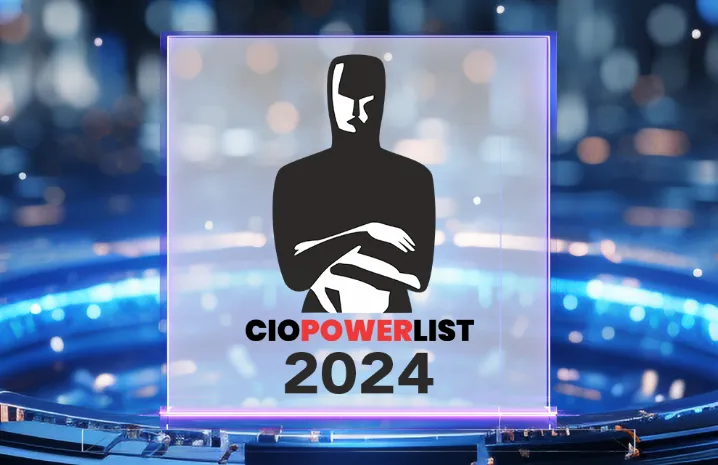 Black silhouette of a person with crossed arms inside a glowing rectangular frame, with the text 'CIO POWER LIST 2024' below, set against a blurred blue and dark background with light spots.