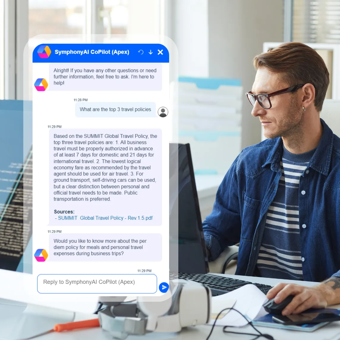 Man wearing glasses and a blue jacket works at a computer desk in an office. On the left, a chatbot window titled 'SymphonyAI CoPilot (Apex)' shows a conversation about travel policies, listing three top travel policies regarding business travel authorization, economy fares, and ground transport options with a source link.