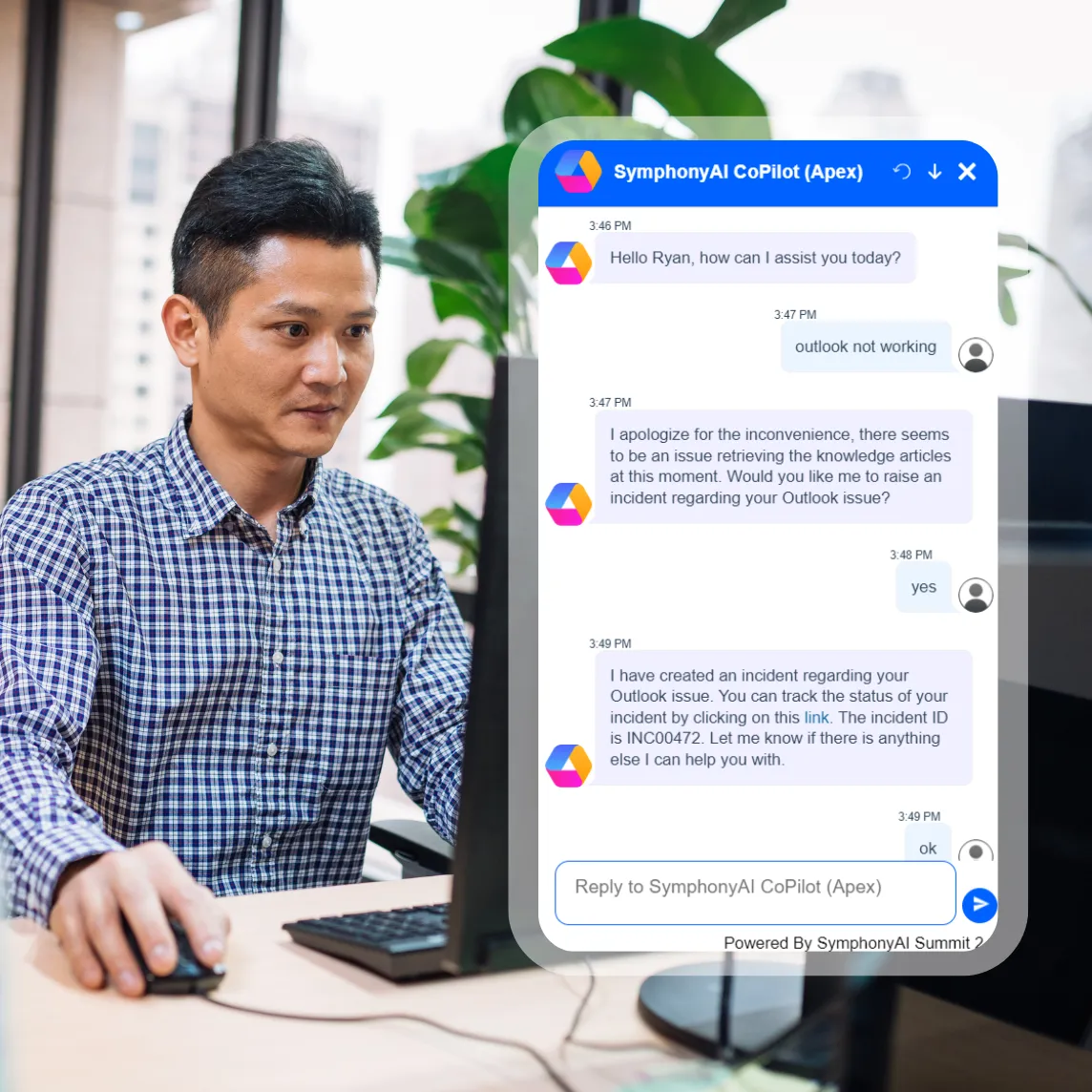 A man in a checkered shirt is using a computer mouse while looking at a monitor, next to a green plant and window with buildings outside; on the right side, a chat window titled 'SymphonyAI CoPilot (Apex)' shows a conversation where the AI assists the user named Ryan with an Outlook issue, apologizes for an article retrieval problem, offers to raise an incident, confirms creation of incident INC00472, and provides a link to track the status.