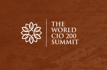 White logo of stylized leaves next to text reading 'THE WORLD CIO 200 SUMMIT' on a dark brown background.