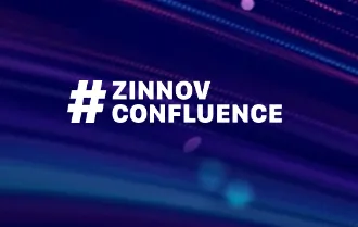White hashtag symbol followed by the words ZINNOV CONFLUENCE on a dark blue and purple abstract background with streaks of light.