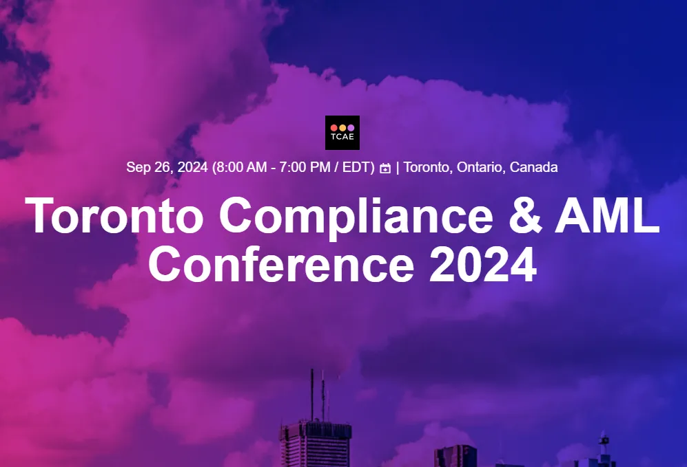 Event announcement for Toronto Compliance & AML Conference 2024, scheduled for September 26, 2024, from 8:00 AM to 7:00 PM EDT in Toronto, Ontario, Canada, against a purple and blue cloudy sky background with part of the city skyline at the bottom.
