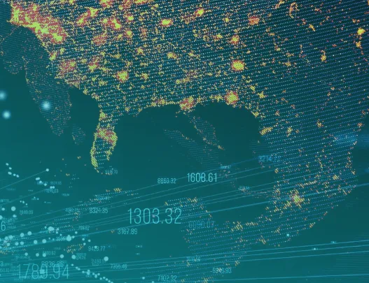 Digital map displaying a portion of North America with numerous yellow and red data points clustered mainly around urban areas, overlaid with floating blue numerical data and lines representing data connections or flow.