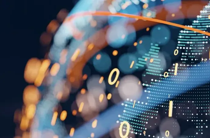 Digital illustration of a globe made of blue and orange dots with floating numbers and lines, representing global data and technology connections.