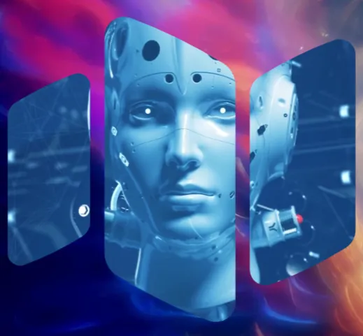 Three vertical panels with a futuristic robotic humanoid face in the center panel, flanked by abstract digital and mechanical elements on a vibrant colorful background.