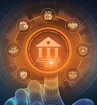 Digital illustration of a finger touching a glowing icon of a classical building with columns, surrounded by circular icons representing various concepts like a handshake, shield, scales, leaf, and checkmark, symbolizing governance, protection, and regulation.