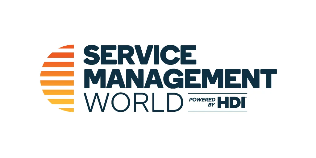 Logo for Service Management World powered by HDI with stylized orange and yellow horizontal lines forming a semi-circle on the left.