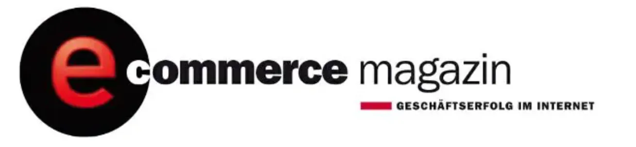 Logo featuring a large red lowercase 'e' inside a black circle followed by the word commerce in bold and magazin in regular font, with a red underline and German text 'GESCHÄFTSERFOLG IM INTERNET' below.