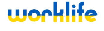 The word 'worklife' written in lowercase letters, with the letters 'work' in blue and 'life' in blue, both featuring a yellow stripe in the middle.