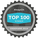 Silver badge with a scalloped edge featuring the text 'AlwaysOn' at the top, a blue rectangle in the center with 'TOP 100 WINNER' in white letters, and 'ONDEMAND 2014' at the bottom.
