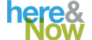 Logo with text 'here& Now' where 'here' is in blue, '&' is in gray, and 'Now' is in yellow-green.