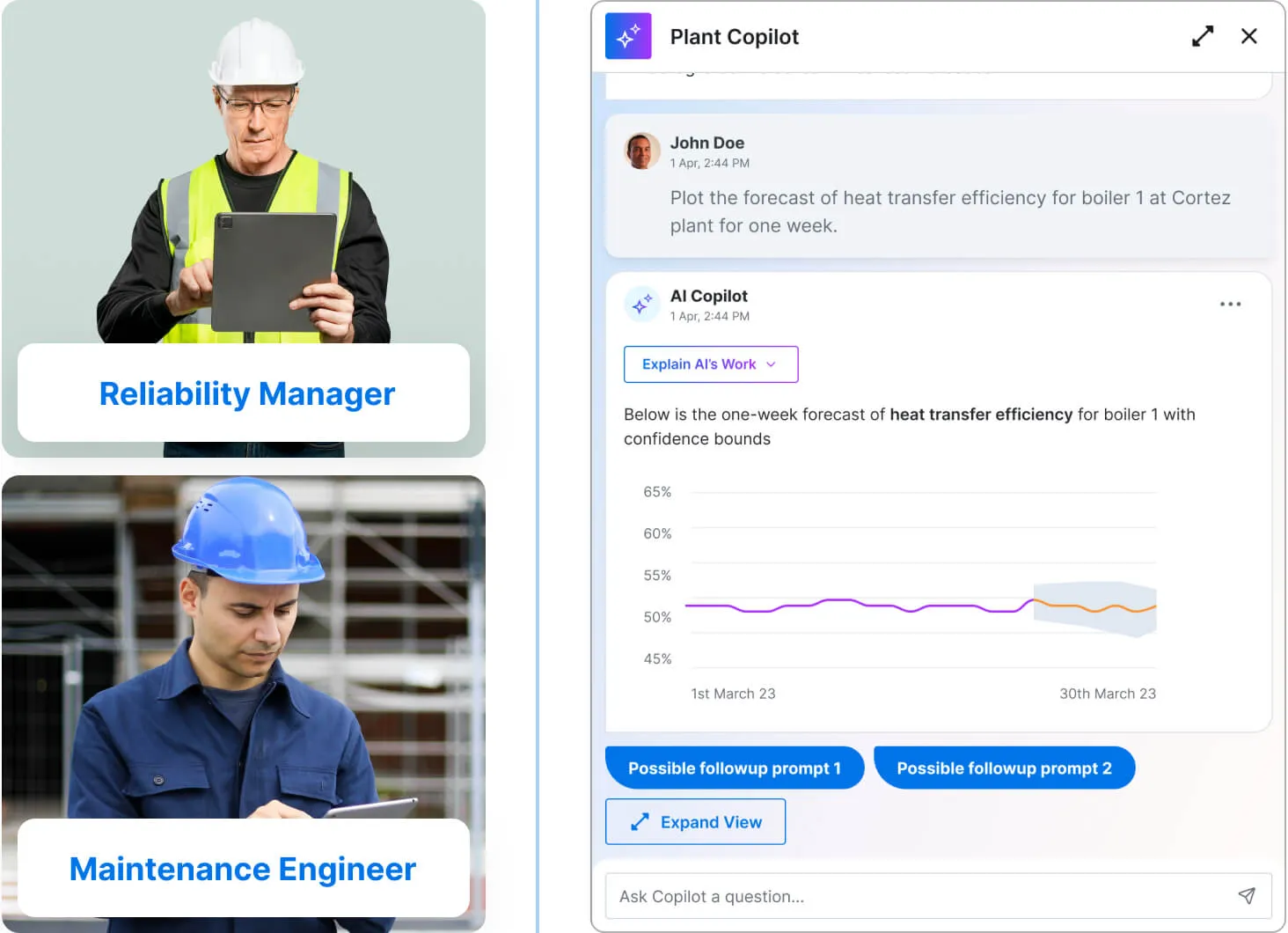 Two workers in safety gear using tablets: a man in a white helmet and yellow vest labeled Reliability Manager above a man in a blue helmet and shirt labeled Maintenance Engineer, alongside a software interface named Plant Copilot displaying a heat transfer efficiency forecast graph for boiler 1 at Cortez plant with user and AI messages and possible followup prompts.