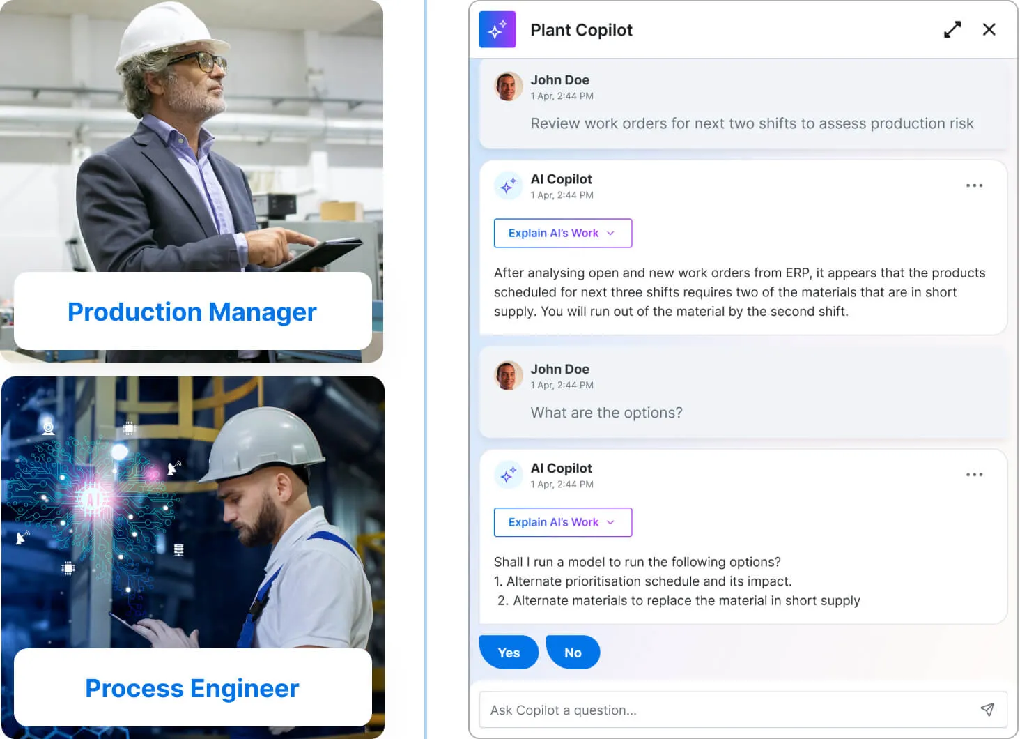 Left side shows two images: top is a production manager in a hard hat and suit holding a tablet, bottom is a process engineer in a hard hat and work clothes interacting with a digital AI interface. Right side shows a Plant Copilot chat interface where John Doe and AI Copilot discuss assessing production risks and material shortages for upcoming shifts, with options for alternate prioritization and materials, plus buttons for Yes or No.
