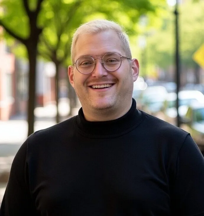 Smiling man with short blonde hair, round glasses, and a black turtleneck standing outdoors on a tree-lined urban street with blurred background of buildings and cars.