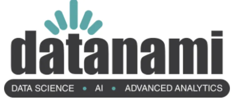 Datanami logo with teal stylized data burst above the lowercase black text, and a black rounded rectangle below containing the words: Data Science, AI, Advanced Analytics separated by teal dots.