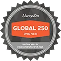 Round gray badge with serrated edge, featuring the text 'AlwaysOn Global 250 Winner 2015 Innovation Summit 2015' in white and orange lettering.