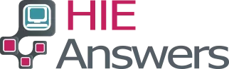 Logo with a stylized computer icon on the left, featuring a light blue screen and gray outline, accompanied by the text 'HIE Answers' where 'HIE' is in bold magenta and 'Answers' is in gray.