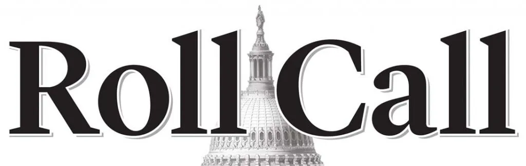 The word 'RollCall' in black serif font with a grayscale image of the United States Capitol dome integrated in the background between the two words.