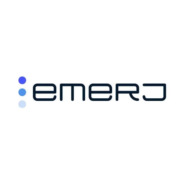 Emerj logo with stylized lowercase letters and three vertically aligned blue dots of varying shades to the left.