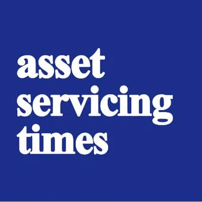 White lowercase text 'asset servicing times' on a solid dark blue background.