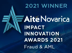 2021 Winner badge for Aite Novarica Impact Innovation Awards featuring a stylized star logo with horizontal lines and text Fraud & AML on a blue digital background.