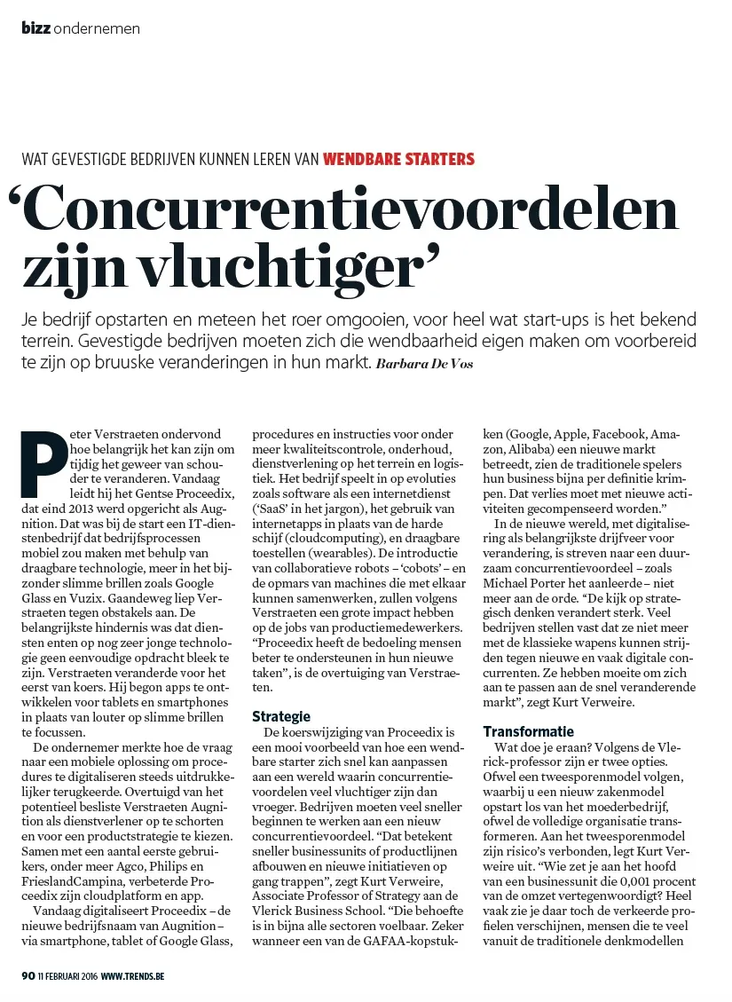 A Dutch magazine article titled 'Concurrentievoordelen zijn vluchtiger' discussing how established companies can learn from agile startups, emphasizing the need for companies to embrace adaptability to prepare for sudden market changes, featuring a multi-paragraph text layout.