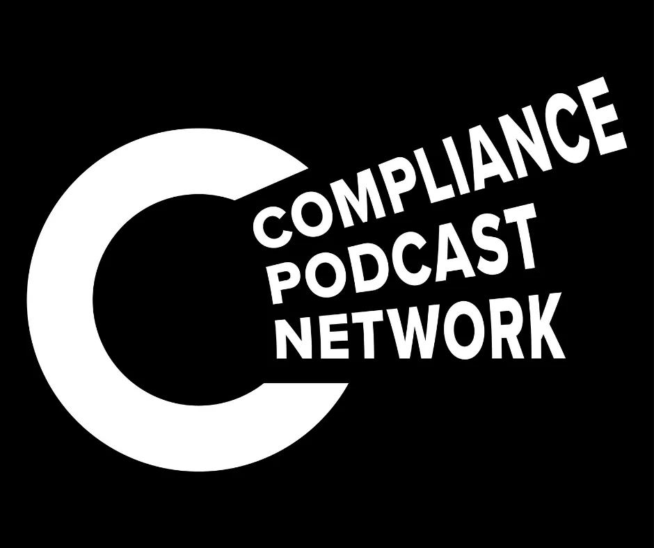 Logo showing a large white letter C on a black background with the words Compliance Podcast Network in bold white letters arranged inside the C shape.
