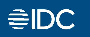 IDC company logo with stylized white letters and circular icon on blue background.