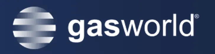 Gasworld company logo with stylized globe icon consisting of horizontal silver stripes next to the word gasworld in white lowercase letters on a dark blue background.