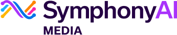 Symphony AI Media logo featuring a stylized multicolored 'X' symbol followed by the text 'Symphony AI' in purple and pink gradient and the word 'MEDIA' in small purple capital letters below.
