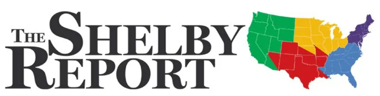 The Shelby Report logo alongside a colorful map of the United States divided into five regions: green for the West, red for the Southwest, yellow for the Midwest, purple for the Northeast, and blue for the Southeast.