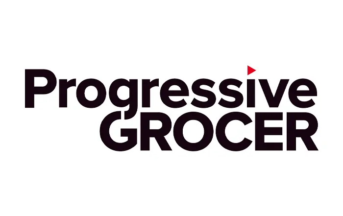 Progressive GROCER logo with the word Progressive in black above the word GROCER in bold black uppercase letters and a small red triangle pointing right above the letter i in Progressive.