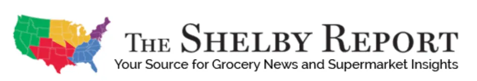 Colored map of the United States divided into regions next to the text 'The Shelby Report: Your Source for Grocery News and Supermarket Insights.'