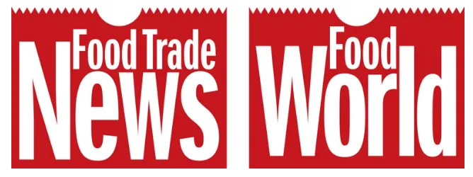 Two adjacent red signs with jagged tops: the left one says 'Food Trade News' in white letters, and the right one says 'Food World' in white letters.