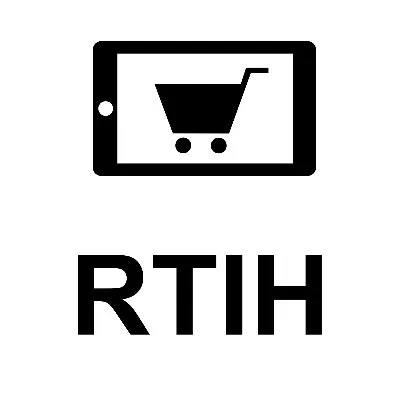 Black shopping cart icon displayed on a tablet screen above the uppercase letters R T I H.